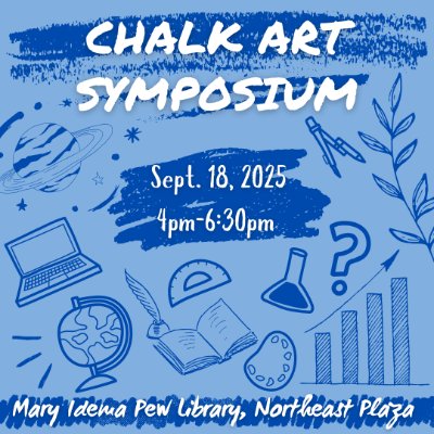Chalk Art Symposium image with blue background and date, time, location of the event